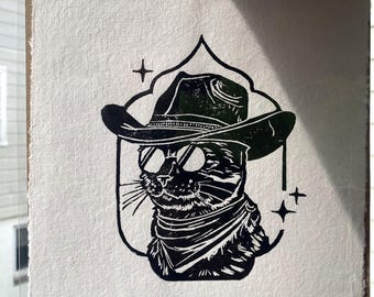 Vegabon Kitten Western Linocut Handmade Print, Quirky Unique Art Print