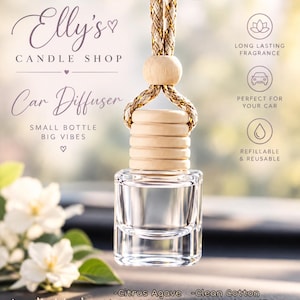 May include: A clear glass car diffuser bottle with a light wood cap and a gold-flecked hanging cord. Text on the image includes Elly's Candle Shop, Car Diffuser, Small Bottle Big Vibes, Long Lasting Fragrance, Perfect For Your Car, Refillable & Reusable, and scent options like Citrus Agave, Clean Cotton, Watermelon, Passion Fruit & Piña, and Crisp Apple.