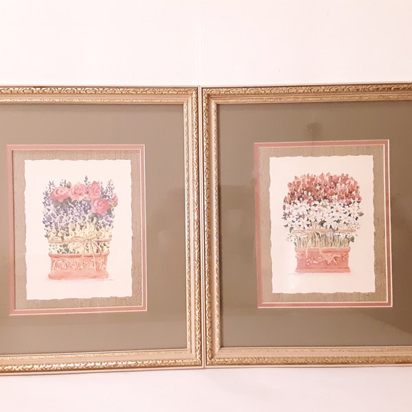 Paragon Picture Gallery Set Rose Topiary & Daisy Topiary Art Prints by C. Winterle Olson Gold and Taupe Frames