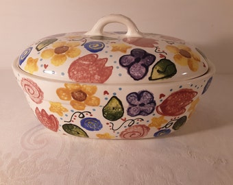 Hand Made and Painted Ceramic Covered Vegetable Bowl or Casserole with Flowers and Stars Unique and Beautiful