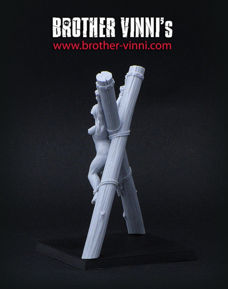 28mm wargame miniature, female, pinup, bdsm, crucified, nude, naked