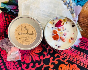 I am Abundant Intention Candle, Citrus Scented Soy Candle, Crystals & Herbs
