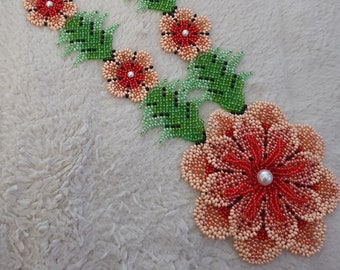 Orange Field Flower Huichol Beaded Necklace
