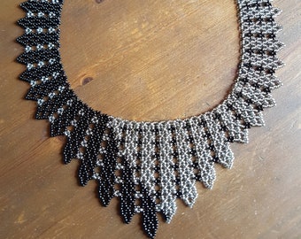 Black & Silver Lined Crystal Two Tone Netting Collar Necklace