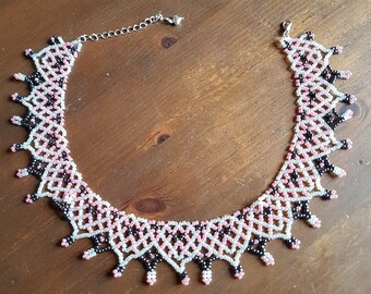Pink, Ivory & Grey beaded Collar Necklace