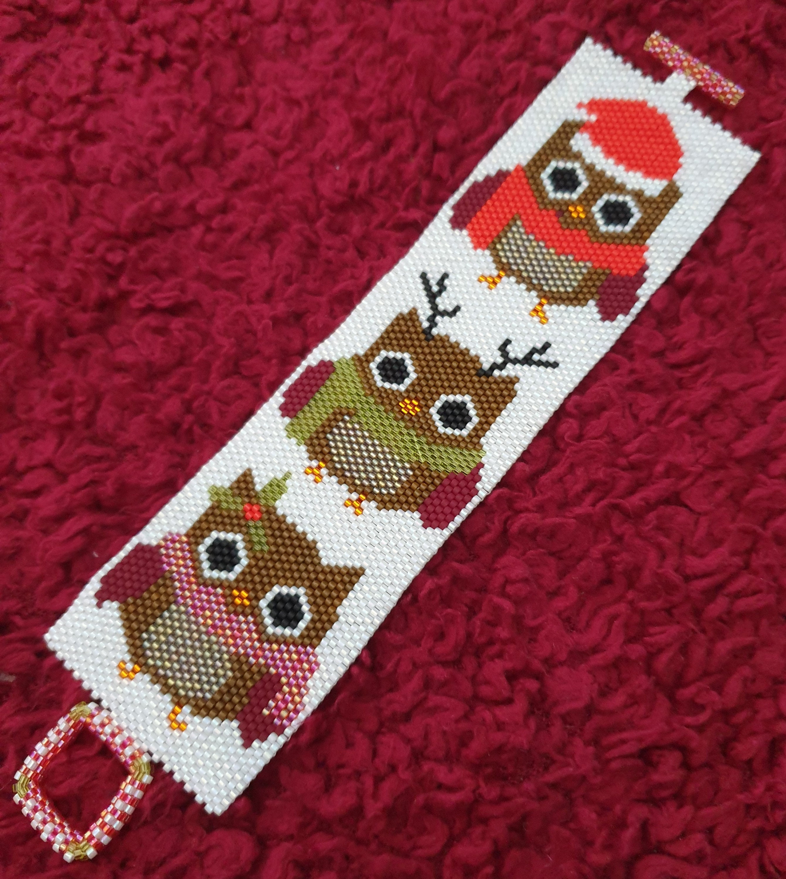 Christmas Owls Beaded Peyote Cuff Bracelet