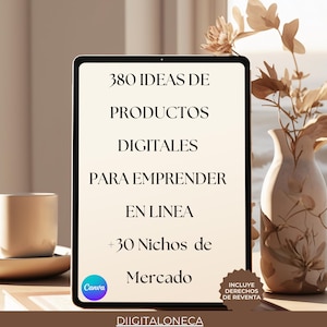 Ebook 380 ideas de Productos digitales  para emprender en linea. texto en español, ingresos pasivos, derechos de reventa MRR y PLR.