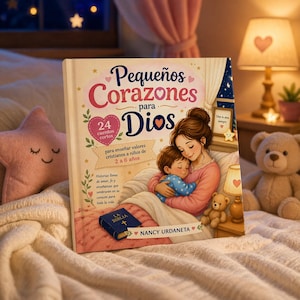 May include: A children's book titled "Pequeños Corazones para Dios" with a mother and child illustration. The book cover features text in Spanish, a heart-shaped lamp, a teddy bear, and a star-shaped pillow. The book is on a bed.