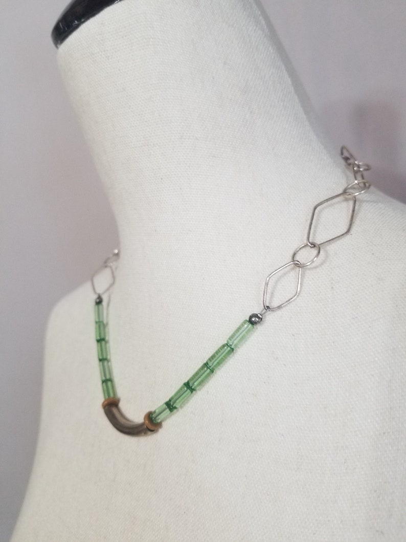 Green Glass Necklace Clean Lined One of a Kind 293 Silver Natural Patinaed Unique Green Tubular Glass Beads Simple Statement Classy