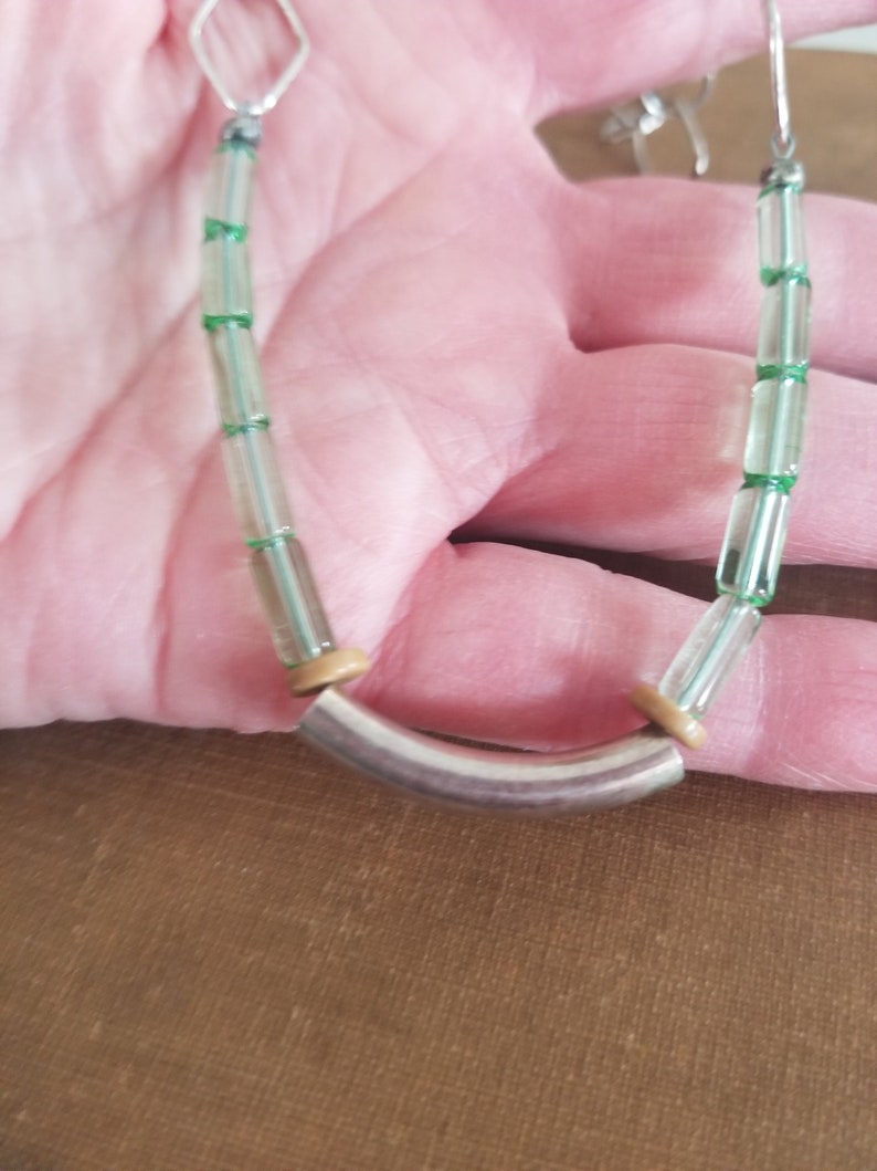 Green Glass Necklace Clean Lined One of a Kind 293 Silver Natural Patinaed Unique Green Tubular Glass Beads Simple Statement Classy