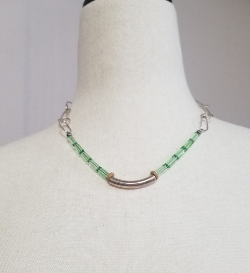 Green Glass Necklace Clean Lined One of a Kind 293 Silver Natural Patinaed Unique Green Tubular Glass Beads Simple Statement Classy