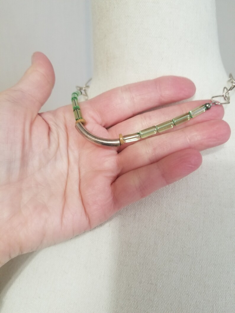 Green Glass Necklace Clean Lined One of a Kind 293 Silver Natural Patinaed Unique Green Tubular Glass Beads Simple Statement Classy