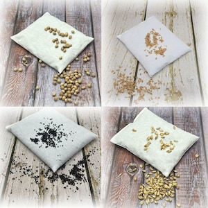 Könnte beinhalten: Vier quadratische, hellfarbene Stoffkissen, die jeweils mit verschiedenen Samen gefüllt sind, werden auf einer Holzoberfläche gezeigt. Die Samen umfassen hellbraune, dunkelbraune und schwarze Sorten. Die Kissen sind quadratisch angeordnet.