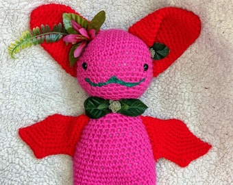 Crochet handmade bat plush OOAK pink and red floral