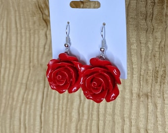 Rose earrings handmade chunky red accessory fantasy floral