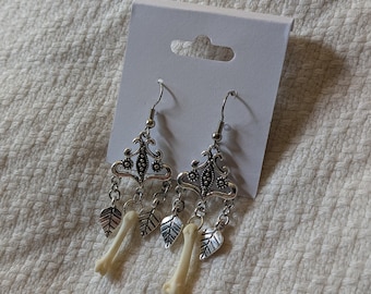 OOAK vulture culture real raccoon bone silver leaf earrings alt gothic accessory
