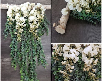 Cream Long Boho Botanic Artificial Wisteria and Green Eucalyptus on Natural Branch Hanging Decor for around the Home, or for Parties