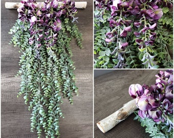 Lavender BoHo Wall Hanging Artificial Wisteria and Green Eucalyptus on Natural Branch, Home and Office Decor
