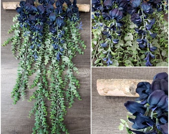 Navy Blue Artificial Wisteria and Green Eucalyptus on Natural Branch Wall Hanging Decor
