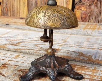 Antiqued Brass Desk Bell On Cast Iron Base - Store Counter Bell- Retail Counter Bell