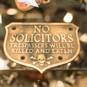 Brass No Solicitors Sign: Pirate Warning, Funny Retro Decor