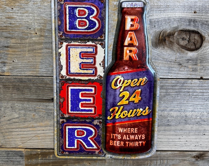 Retro Embossed Beer Bar Sign: "Open 24 Hours / Beer Thirty" Metal Wall Decor