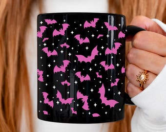 Halloween-mok roze vleermuis, spookachtige koffiekop, gothic keukendecor