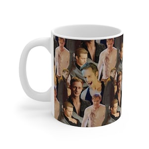 May include: White ceramic mug with a full-color print of a man's face repeated in a pattern. The man has brown hair and is wearing a white shirt with blood splatters on it.