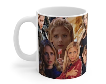 May include: White ceramic mug with a collage of images of a woman with blonde hair. The images are arranged in a random pattern and include close-ups of the woman's face, as well as full-body shots.