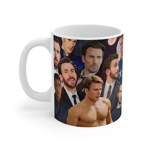 May include: White ceramic coffee mug with a collage of images of a man with different hairstyles and facial expressions. The images are arranged in a random pattern and cover the entire mug.