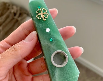 LUCKY Aventurine Crystal Pipe 2 Extra Filters Smoking Supplies Quartz Natural Raw Stone Tobacco Gemstone Handcrafted Pipe Gifts For Her Him