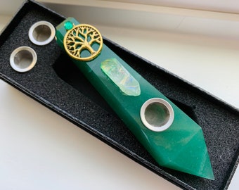 TREE OF LIFE Aventurine Crystal Pipe 2 Extra Filters Smoking Supplies Quartz Natural Raw Stone Tobacco Gemstone Handcrafted Pipe Gifts