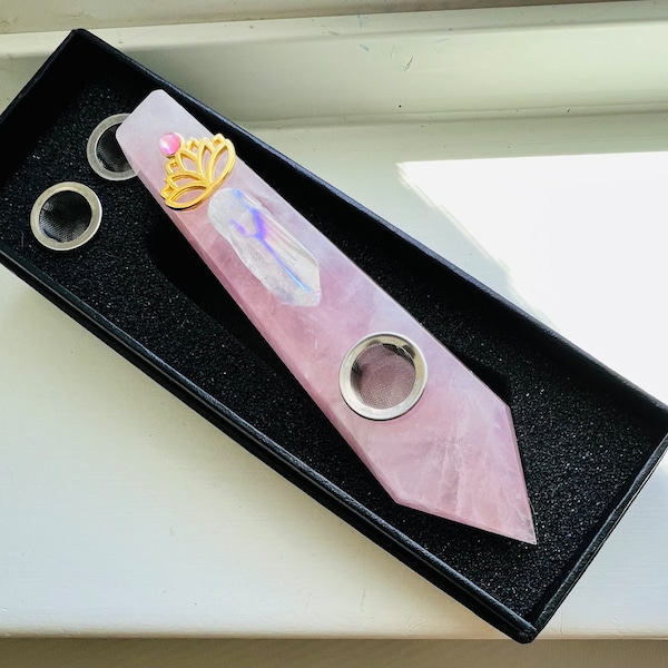 GOLD LOTUS Rose Quartz Crystal Pipe w/ Angel Aura Quartz