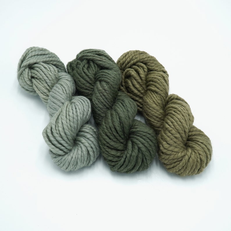 May include: Three skeins of yarn in shades of green, from light to dark. The yarn is a chunky weight and has a soft, fuzzy texture.