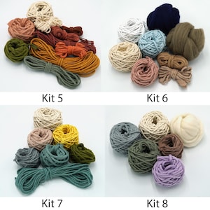 Peut inclure: Quatre kits de fils colorés pour des projets de macramé. Chaque kit comprend différentes couleurs et textures de fils, notamment des fils naturels, blancs, bruns, verts, bleus et violets. Les kits sont étiquetés "Kit 5", "Kit 6", "Kit 7" et "Kit 8".