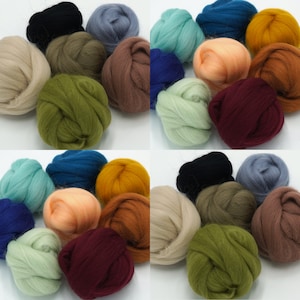 May include: Assortment of colourful wool roving in various shades of green, blue, brown, red, beige, and orange. The wool is arranged in a circular pattern, with each colour forming a separate ball.