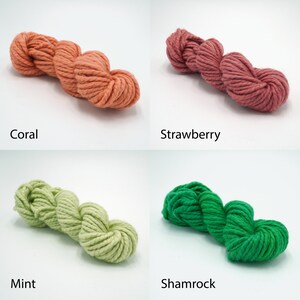 May include: Four skeins of yarn in different colors: coral, strawberry, mint, and shamrock. The yarn is a chunky weight and is made of cotton.