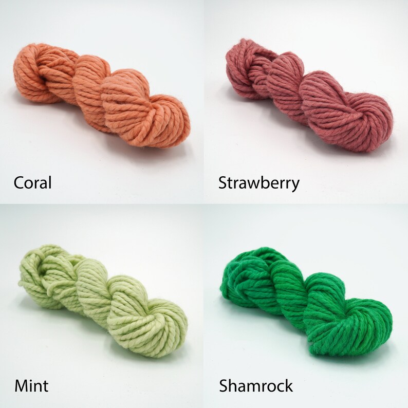 May include: Four skeins of yarn in different colors: coral, strawberry, mint, and shamrock. The yarn is a chunky weight and is made of cotton.