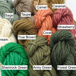May include: A collection of yarn skeins in various colors, including cream, sage, taupe, true brown, shamrock green, army green, forest green, coral, strawberry, caramel, and camel.