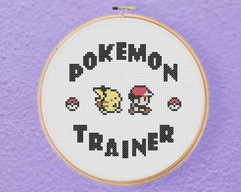 Poke Trainer Ash and Pikachu  Video Gamer Geeky Cross Stitch Pattern PDF Instant Download