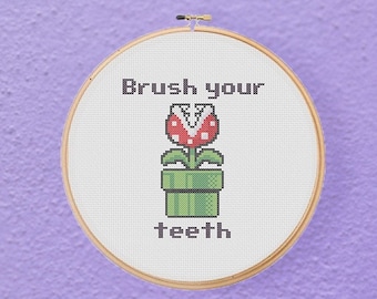 Pianta Piranha Spazzola i denti Mario Video Gamer Bagno Schema punto croce (download PDF)