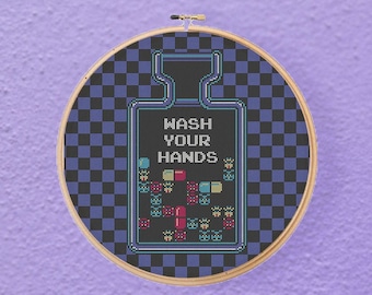 Schema punto croce per la decorazione del bagno del videogiocatore Dr. Mario Lavati le mani (download PDF)