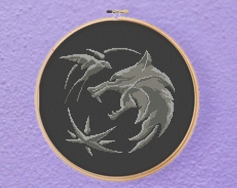Het Witcher embleem Geralt van Rivia White Wolf popcultuur Geeky Cross Stitch patroon PDF direct downloaden