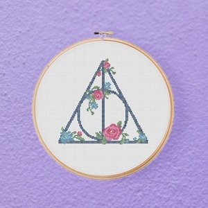 HP  Deathly Hallows Book Lover Gift Floral Geeky Cross Stitch Pattern PDF Instant Download