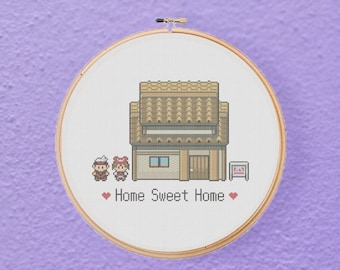 Schema punto croce geek per videogiocatori di Home Sweet Home, Ruby Sapphire, regalo di inaugurazione della casa (download PDF)