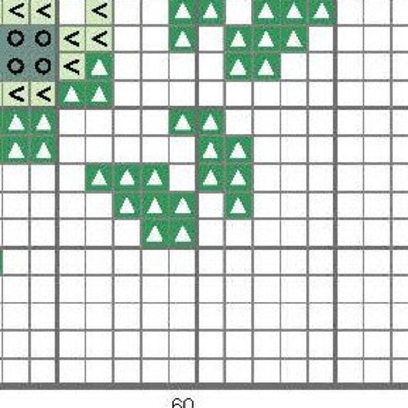 May include: A green and white cross stitch pattern with a floral design. The pattern is made up of small triangles and circles.