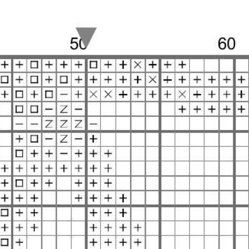 May include: Black and white cross stitch pattern chart with symbols for a design. The chart includes the numbers 50 and 60.