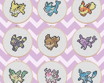 Set di 9 mini schemi per punto croce con decorazioni natalizie degli Sprite di Pokemon Eeveelutions per videogiochi (download PDF)