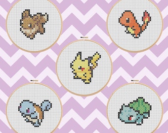 Set di 5 mini schemi per punto croce con decorazioni natalizie Pokémon Starter Sprites per videogiochi (download PDF)