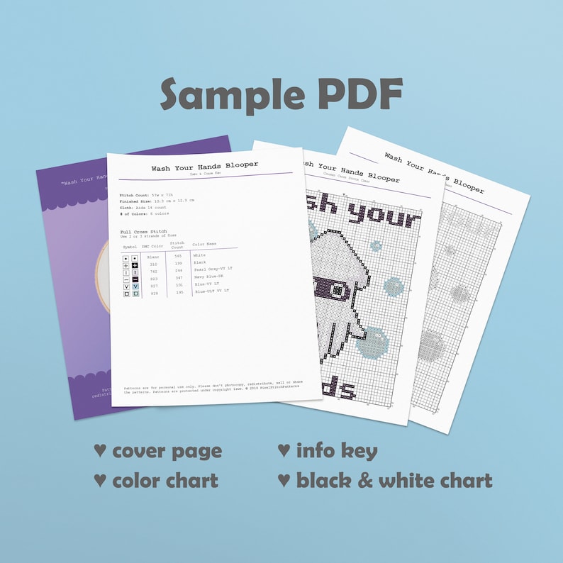 May include: A sample PDF for a cross-stitch pattern of a cartoon octopus with the text "Wash Your Hands" and a color chart with 8 colors.